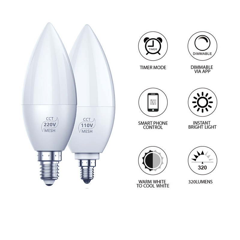 E12 4W CCT Plastic LED Candelabra Light Bulb, Tunable Color 2700K-6500K With Alexa & Google Assistant, DC95-130V, Dimmable Color Light Blub